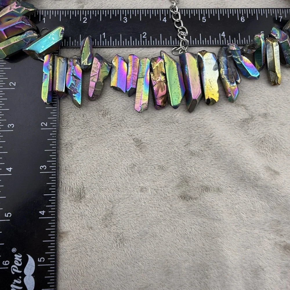 Statement Necklace Silver‎ Tone Peacock Oil Slick 17" - Picture 6 of 8